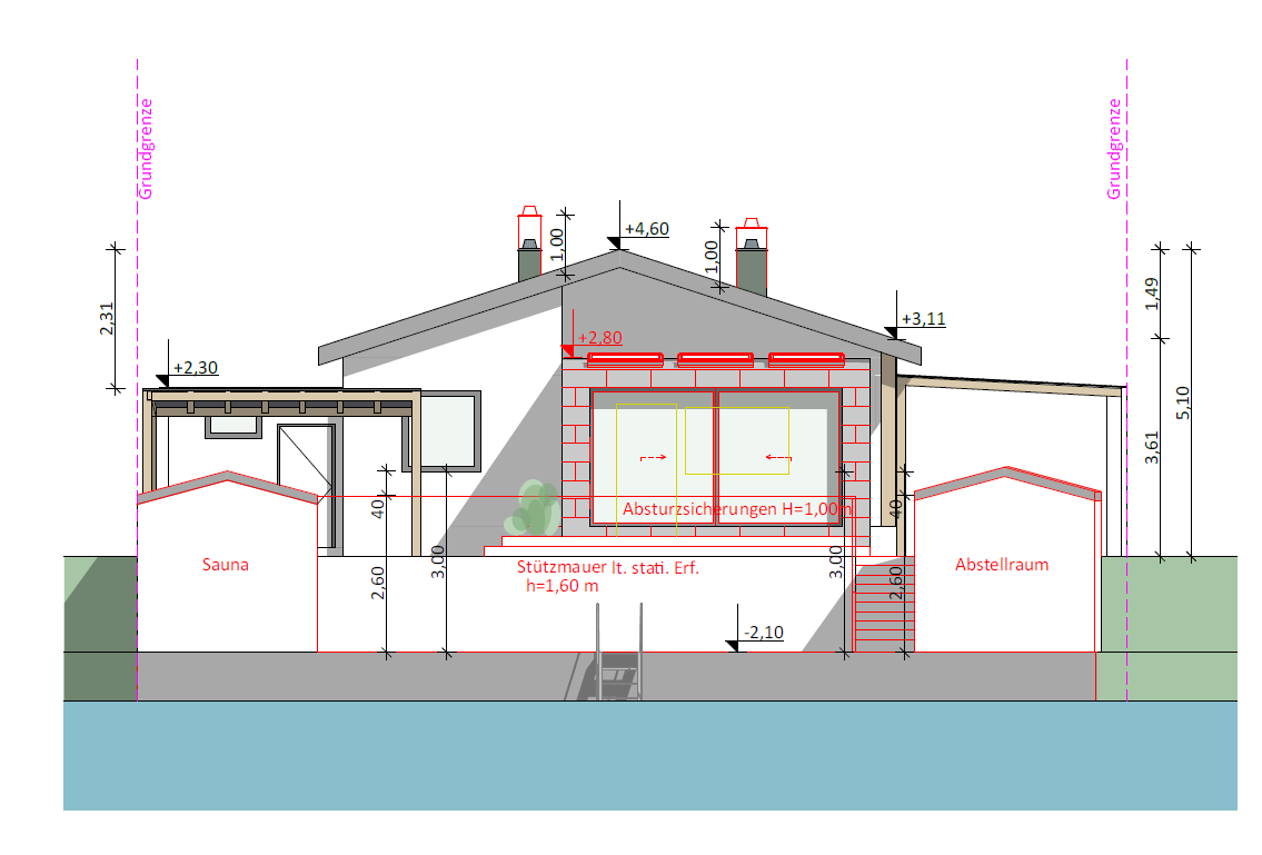 Haus am See: Einreichplan, Ansicht von der Seeseite mit dem rot eingezeichneten Zubau, Stützmauer und Absturzsicherung